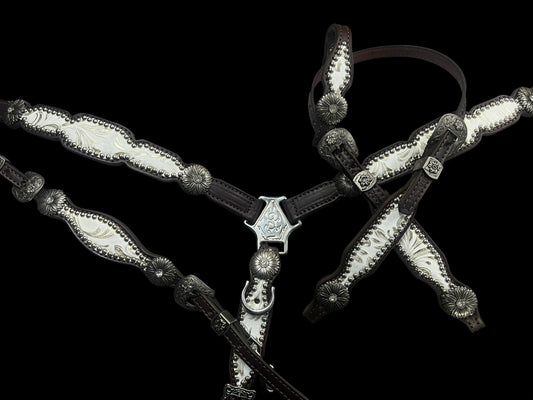 White and silver floral on dark leather