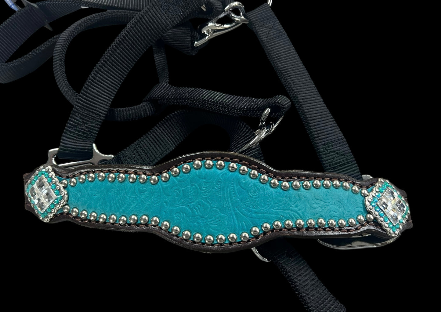 New Teal floral on dark leather