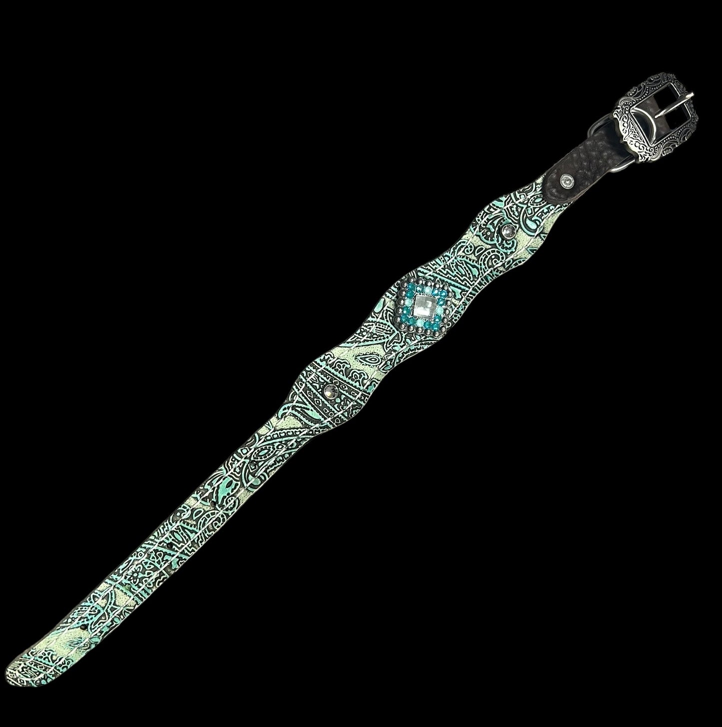 Turquoise and mint paisley on dark leather