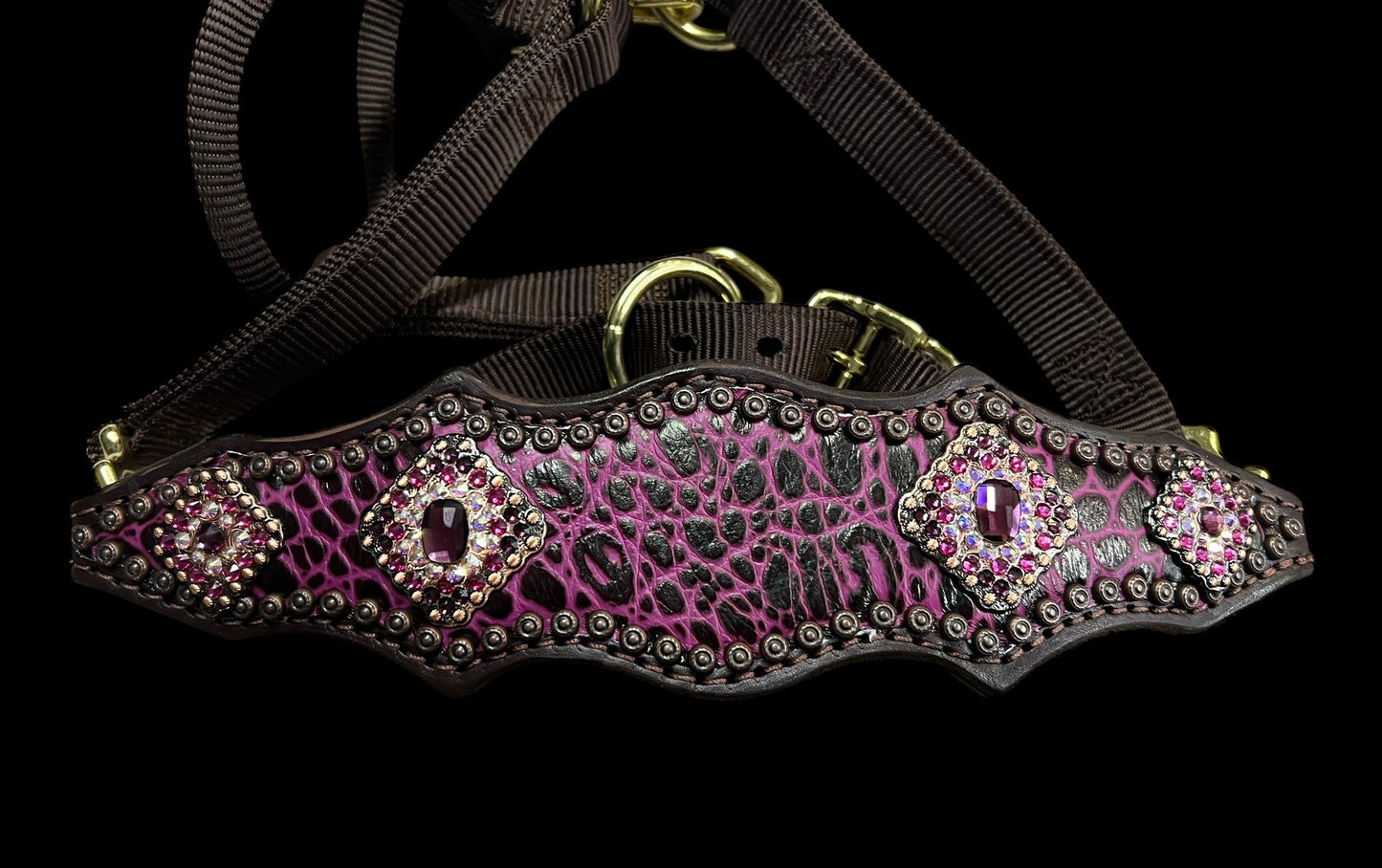 Fuchsia  gator on dark leather