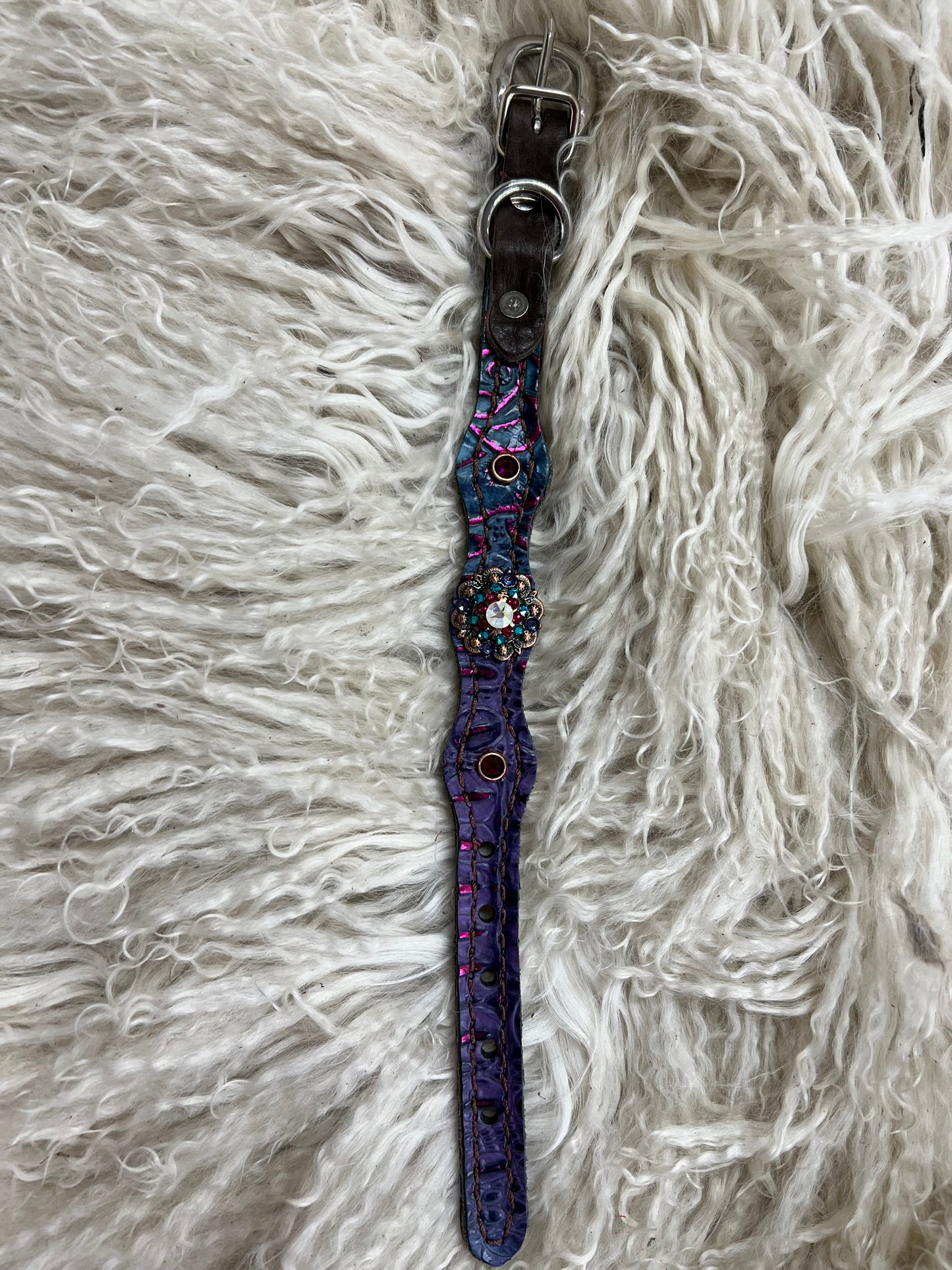 Purple and teal with pink gator and floral on dark leather