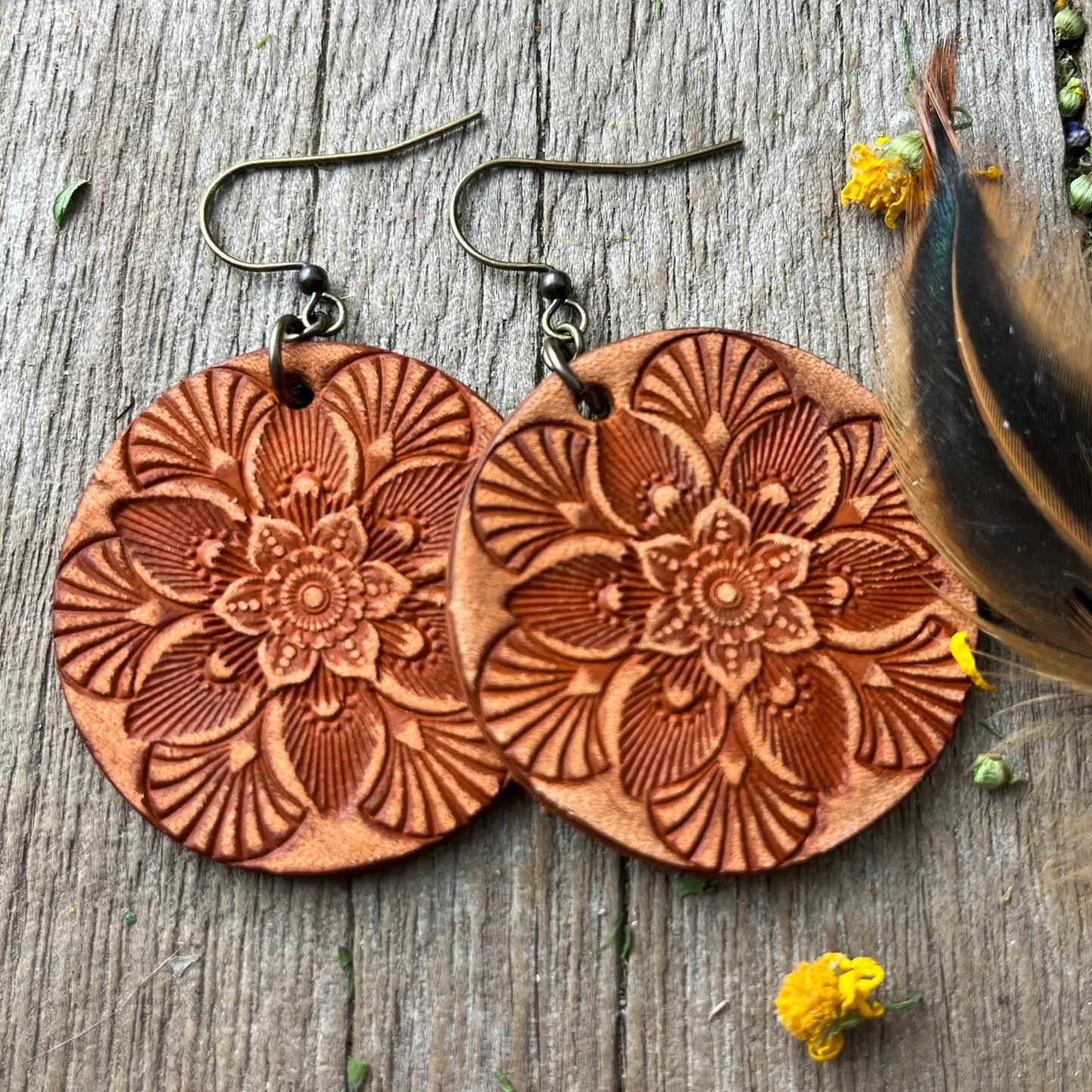 Hand Tooled Leather Mandala Earrings