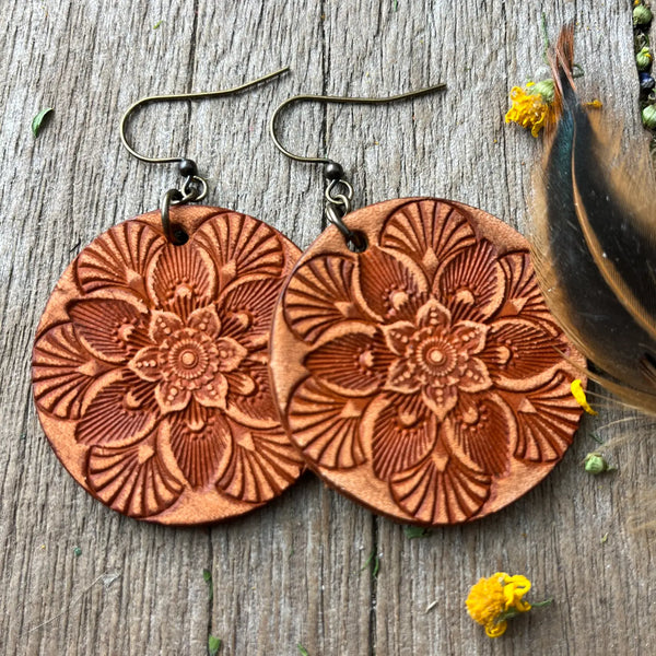 Hand Tooled Leather Mandala Earrings