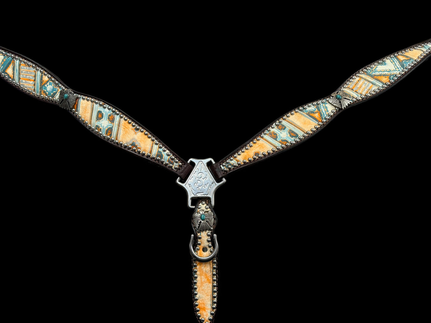 Orange and turquoise navajo on dark leather