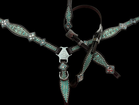 Antique turquoise gator on dark leather