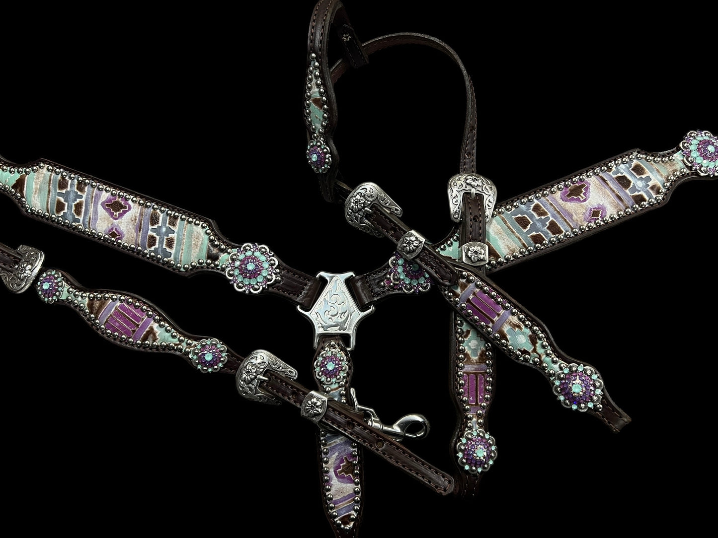 Mint and purple Navajo on dark leather