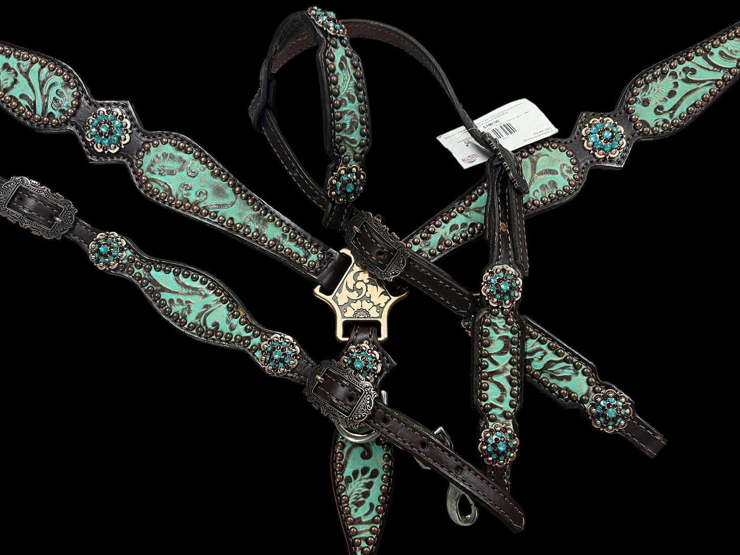 mint and brown floral on dark leather