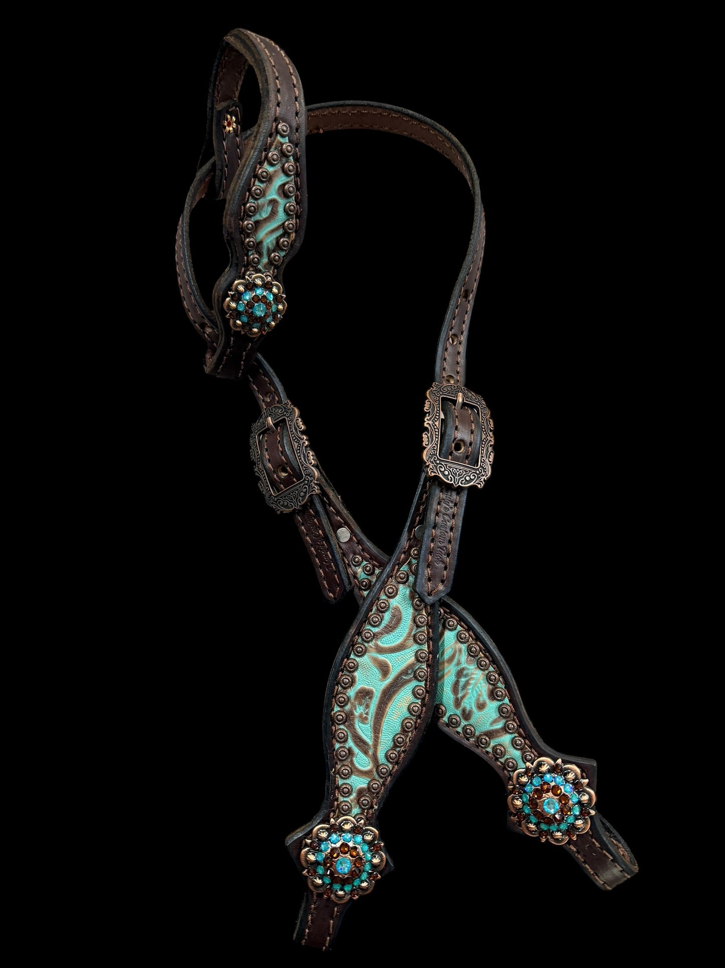 mint and brown floral on dark leather