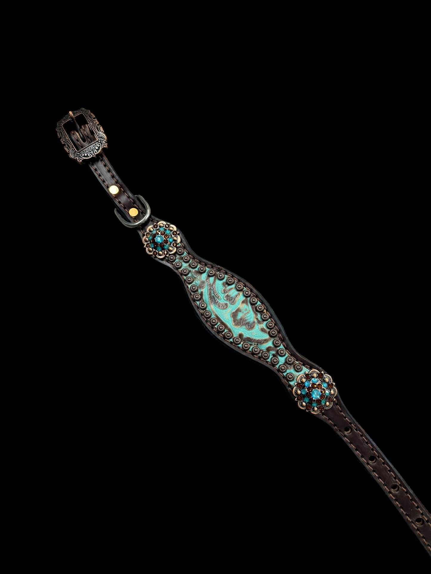 mint and brown floral on dark leather