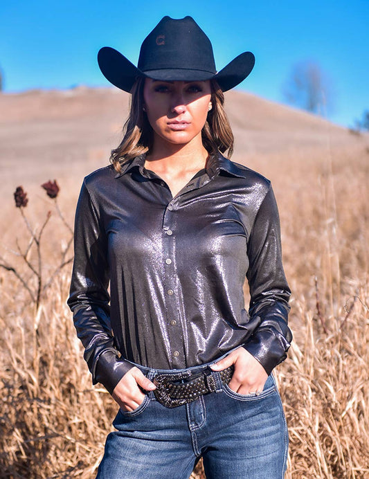 Pullover Button Up Dark Silver Shiny Metallic Jersey