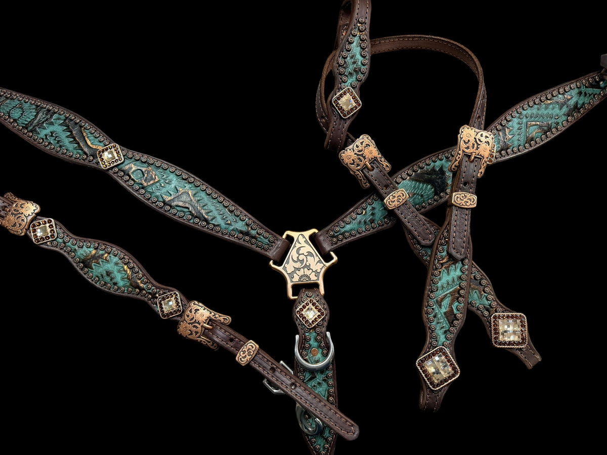 Teal and brown aztec on dark leather