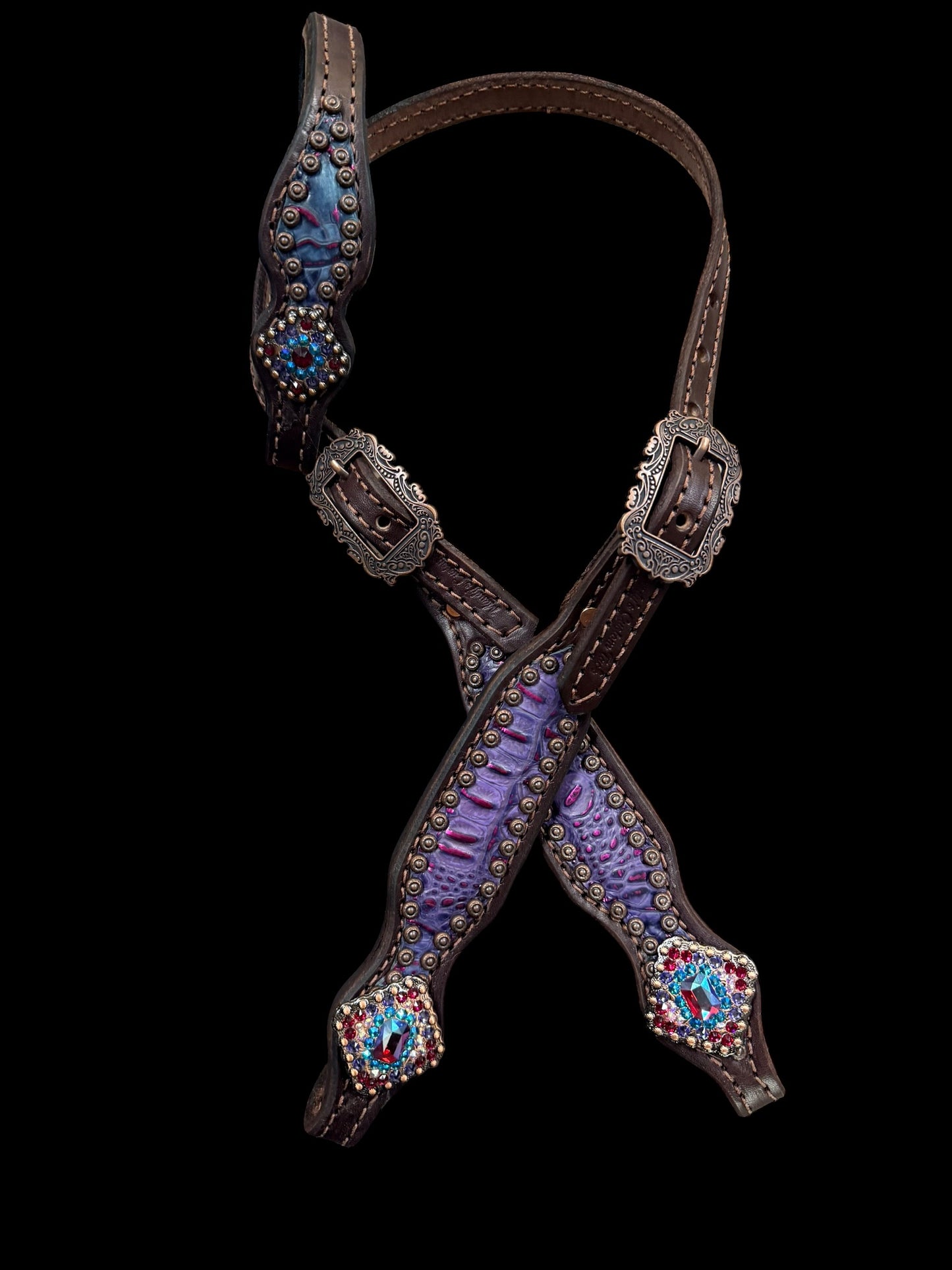 Purple and teal with pink gator and floral on dark leather