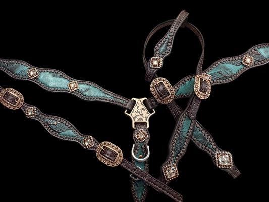 jade feathers on dark leather