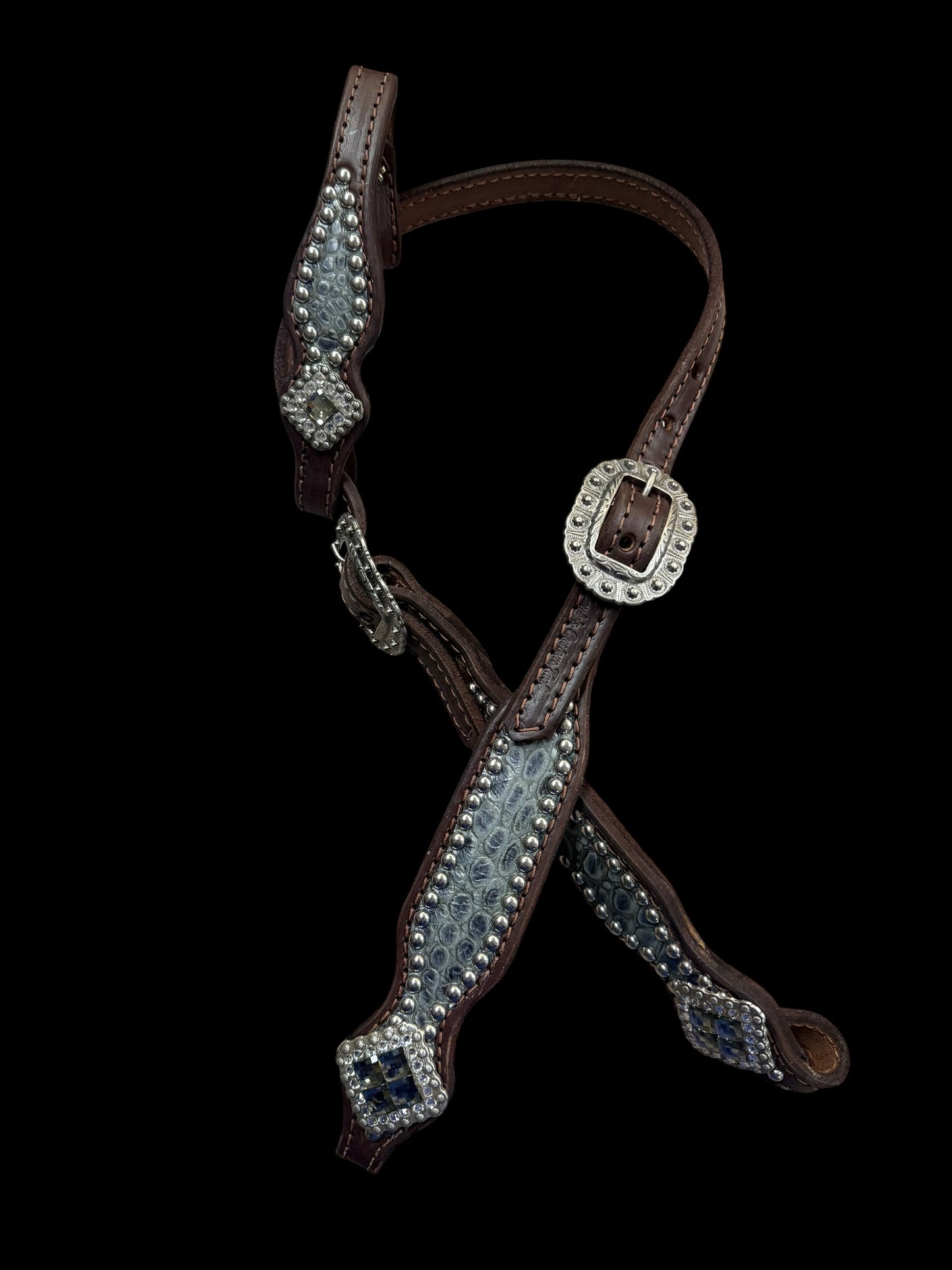 Grey gator on chocolate leather