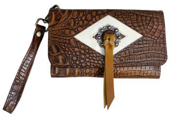 Klassy Cowgirl Leather Clutch Phone Wallet - Alligator with Berry Concho