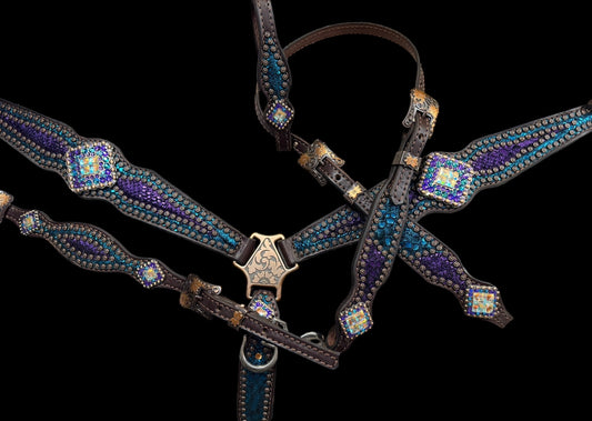 Teal and purple mystic on dark leather