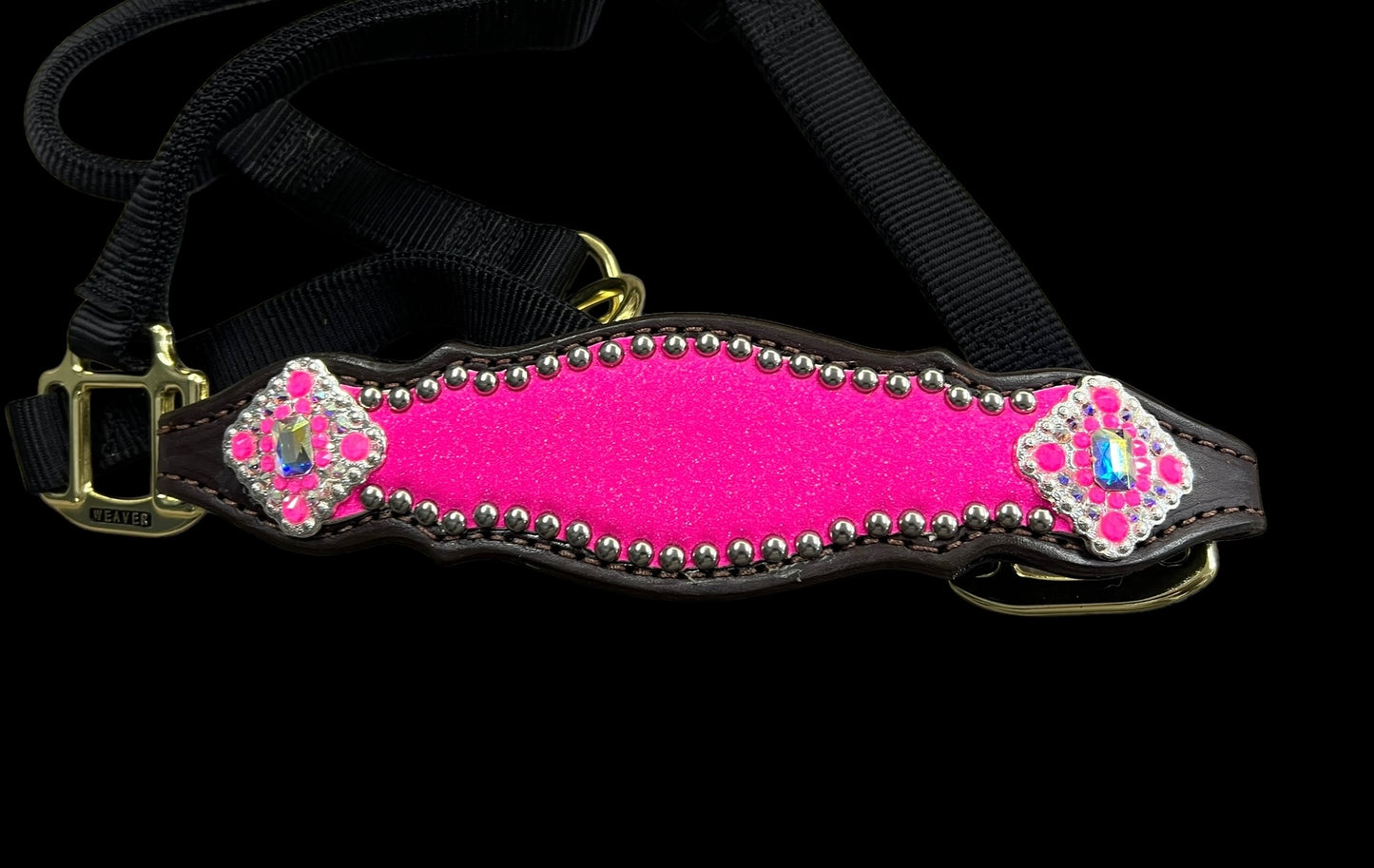 Hot pink glitter on dark leather