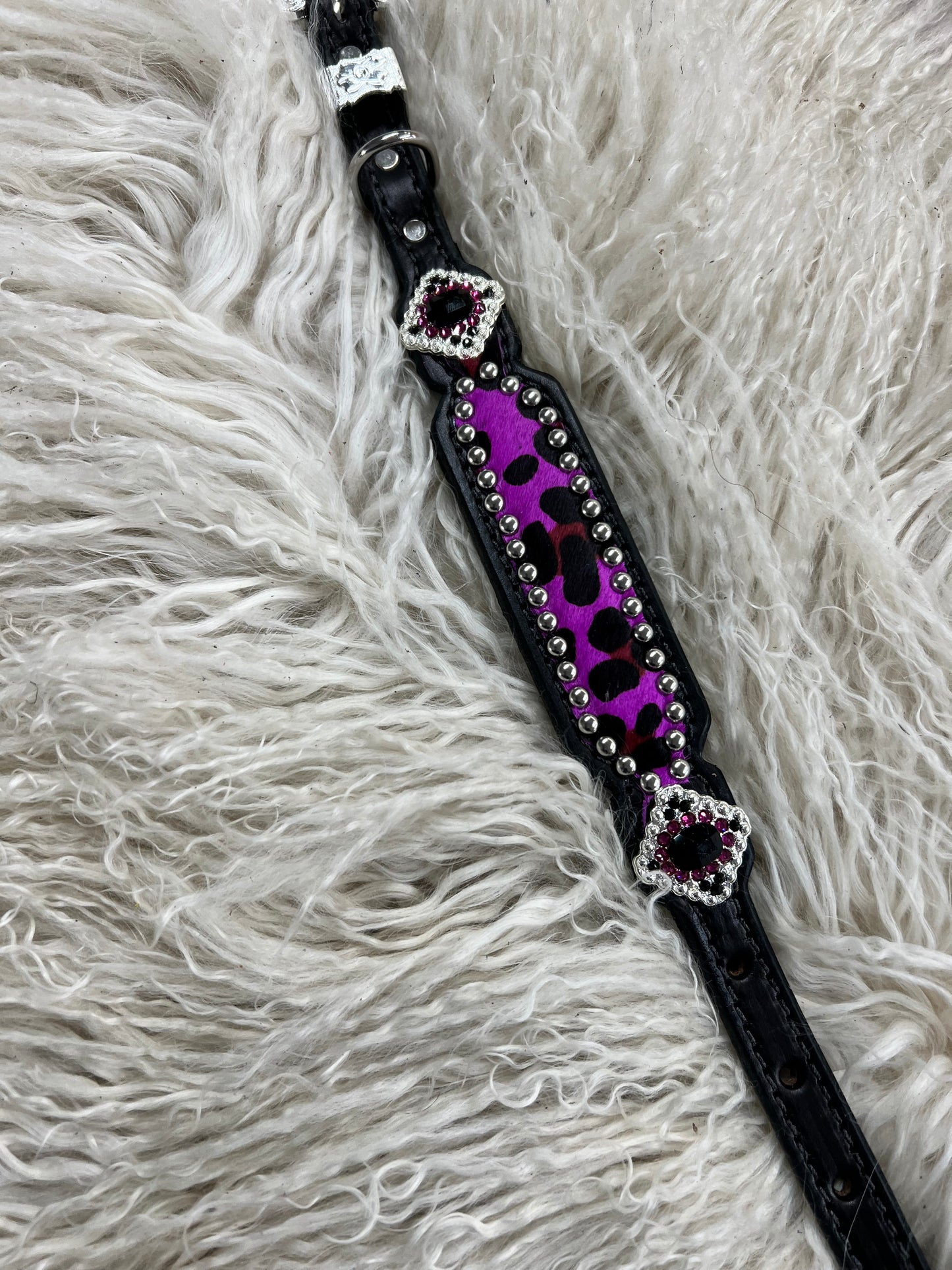 Hot Purple leopard on black leather