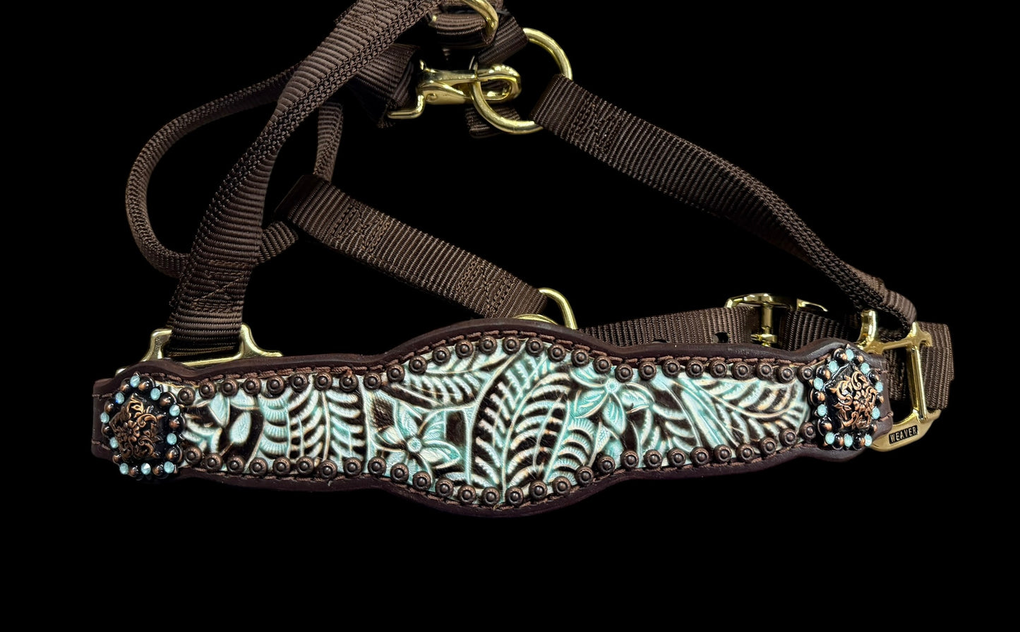 Brown and mint floral on dark leather
