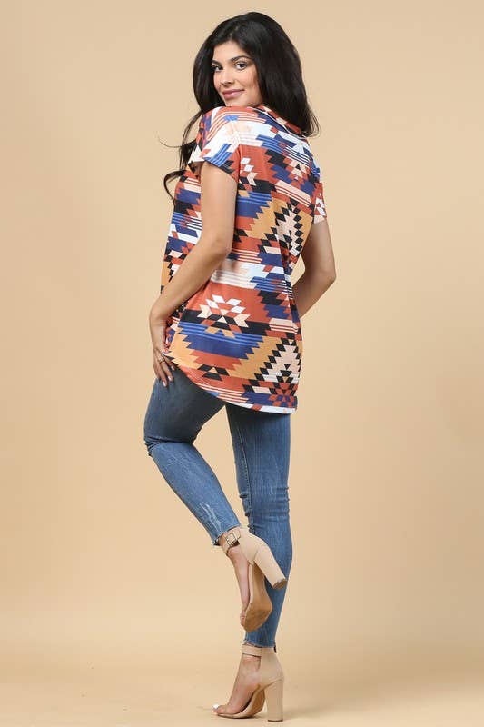 LEXY AZTEC PRINT BUTTON DETAIL V NECK THERMAL TOP
