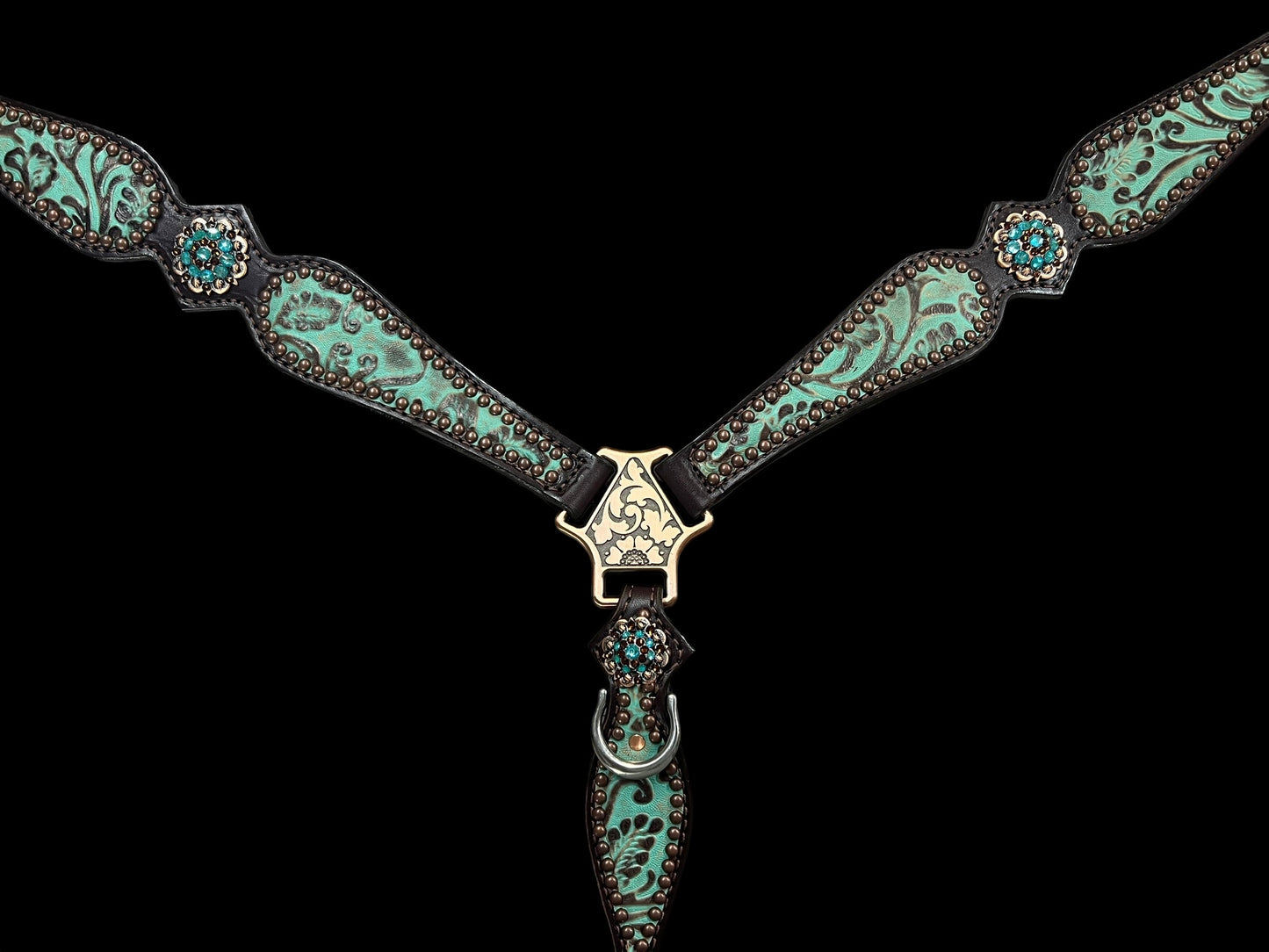 mint and brown floral on dark leather