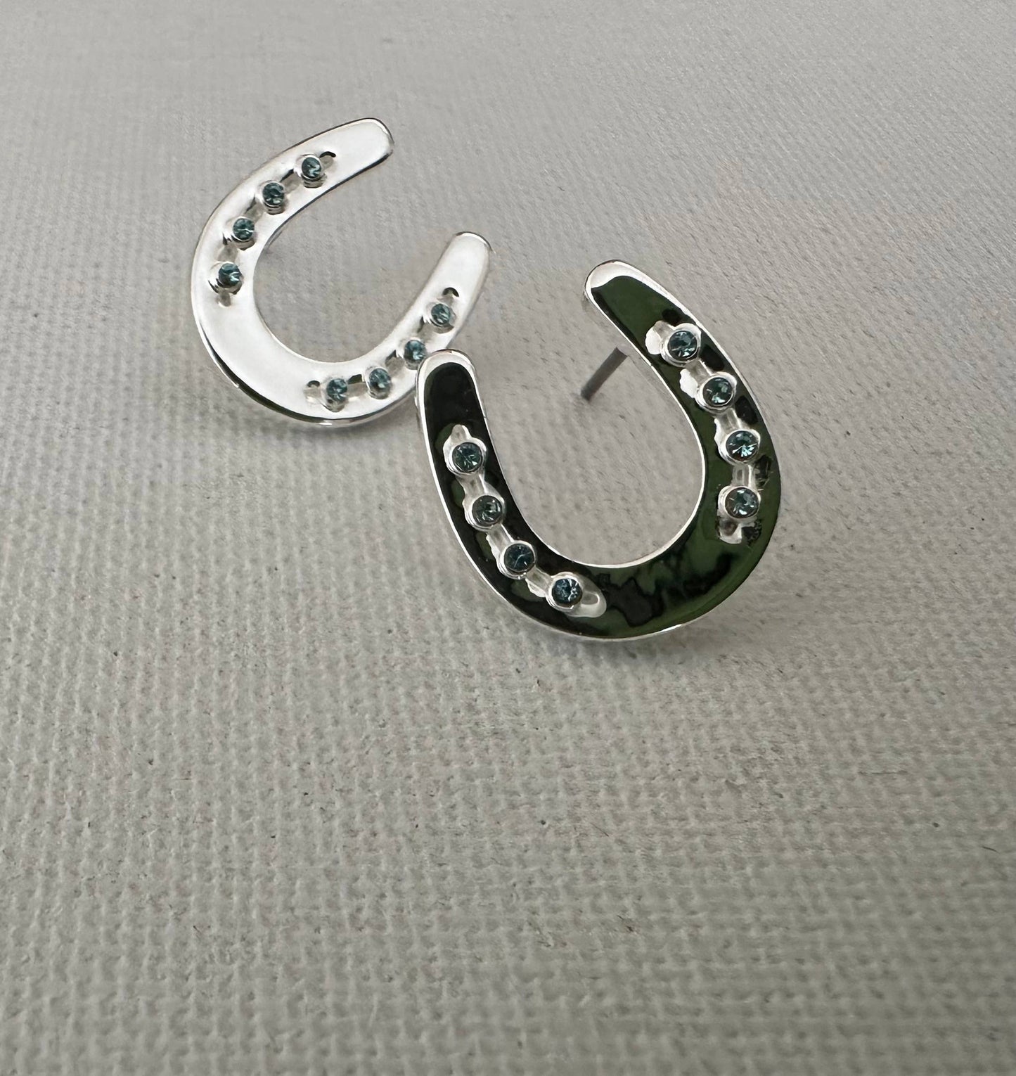 Horseshoe w/Aqua Crystals Earrings POST Jewelry