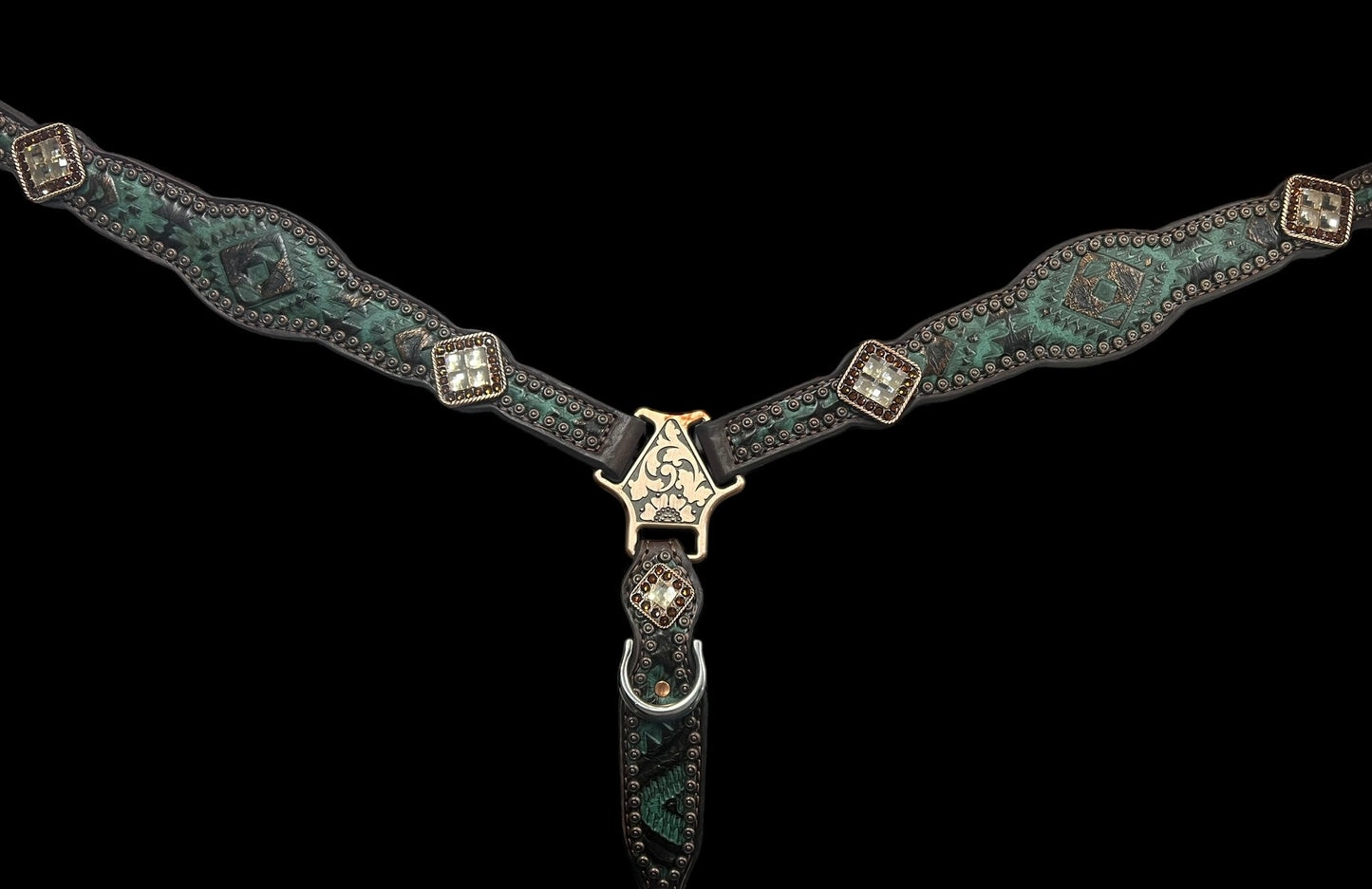 Teal and brown aztec on dark leather