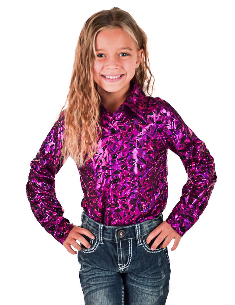 Girls Hot Pink & Black Iridescent Metallic Stretch Lightweight Pullover Button Up