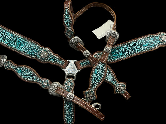 Teal and black floral on medium leather