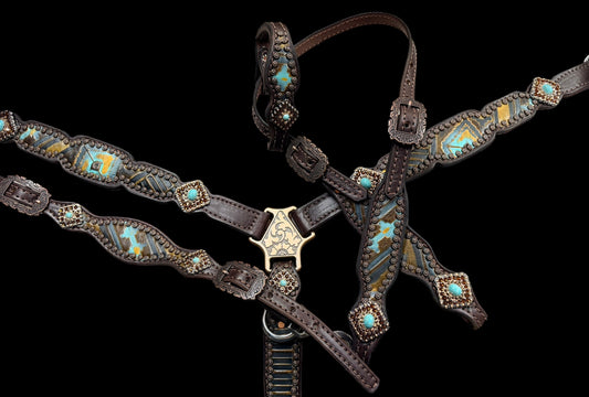 Mocca and mint Navajo on dark leather