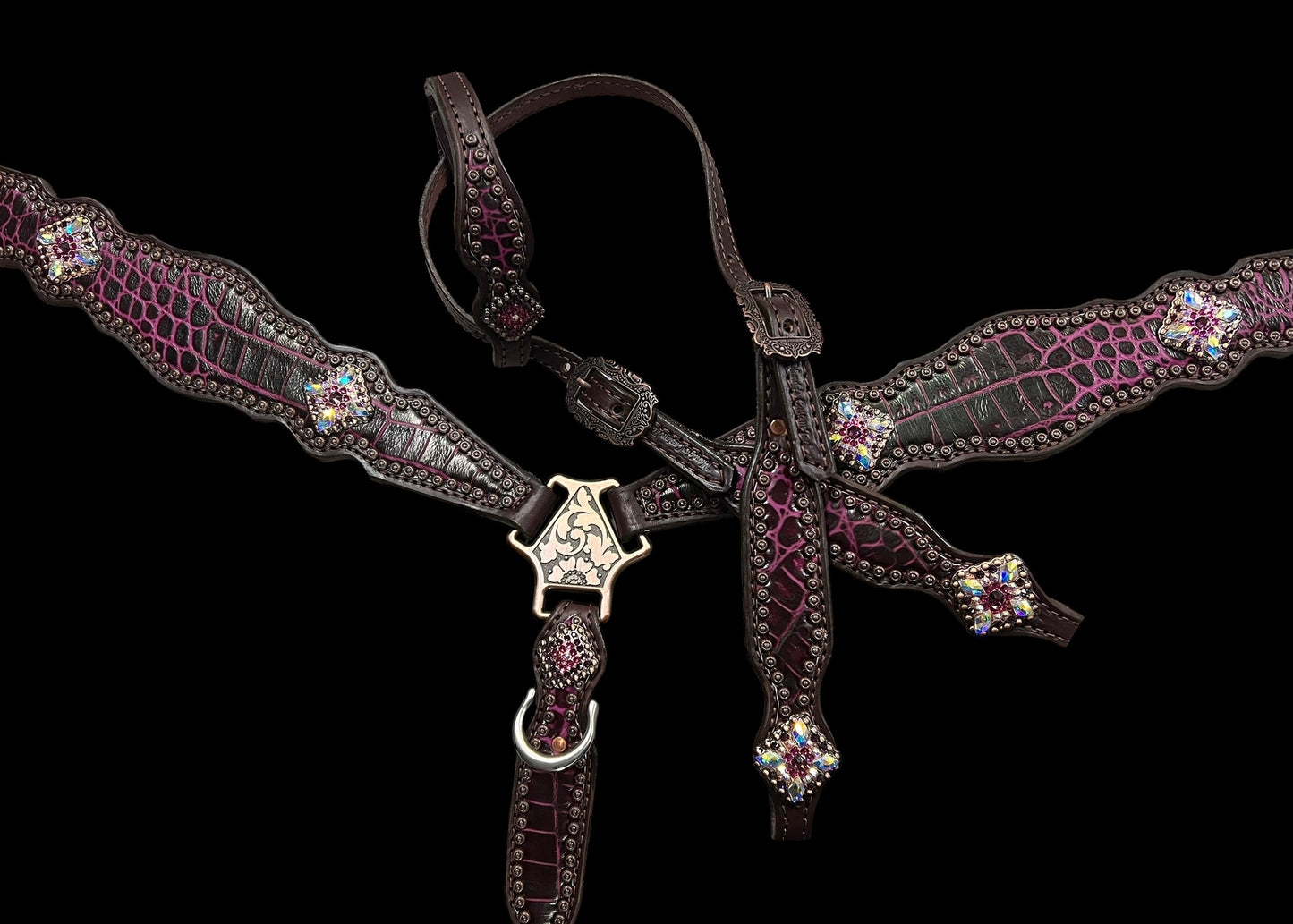 Fuchsia  gator on dark leather