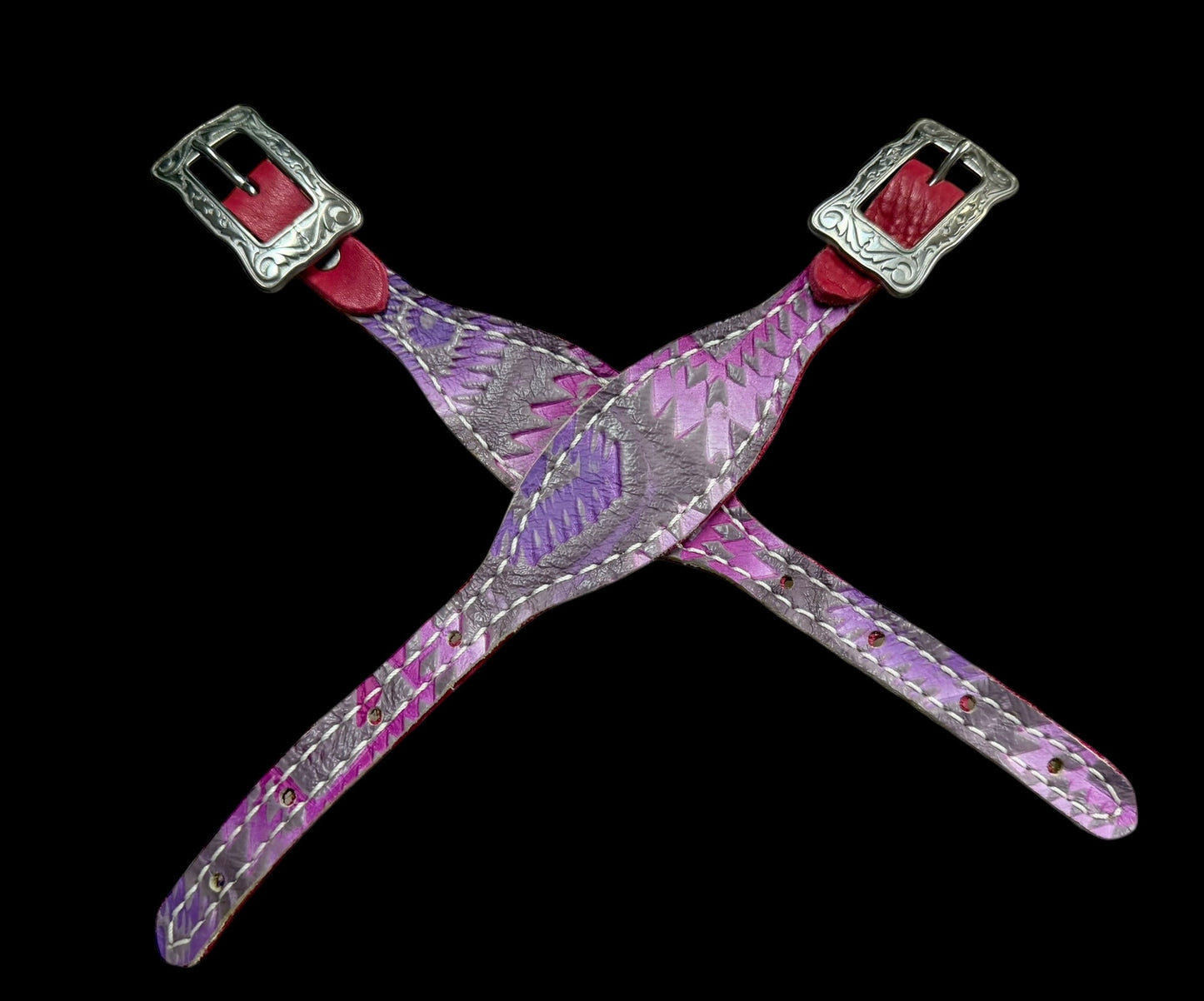 Light pink and purple Aztec on chocolate leather
