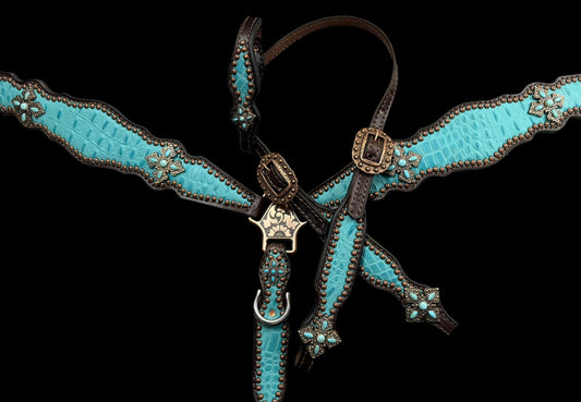 Turquoise gator on dark leather