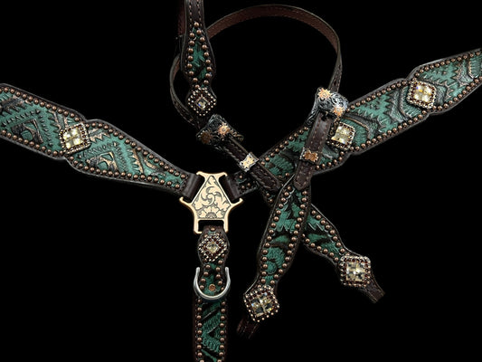 Teal and brown aztec on dark leather