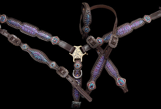 Purple and teal with pink gator and floral on dark leather