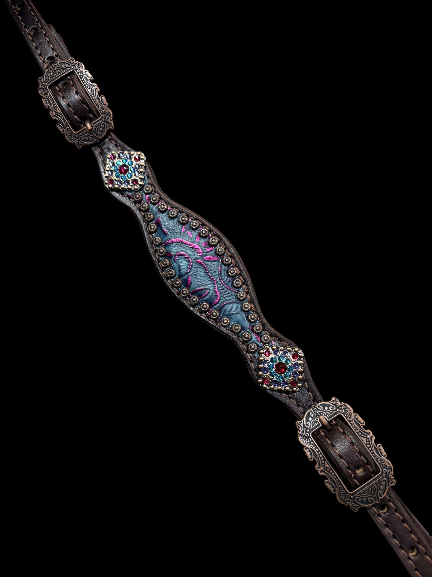 Purple and teal with pink gator and floral on dark leather