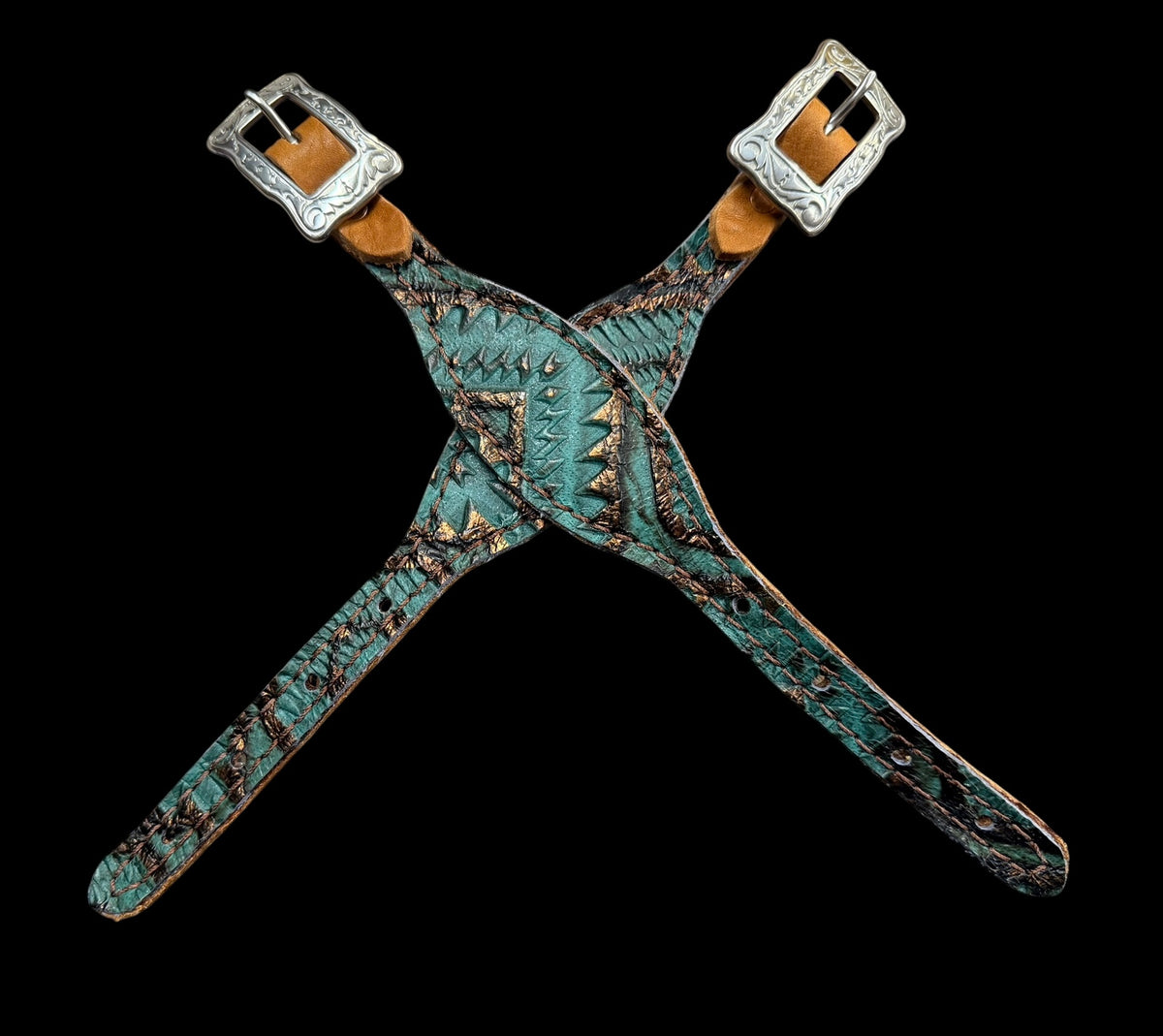 Teal and brown aztec on dark leather