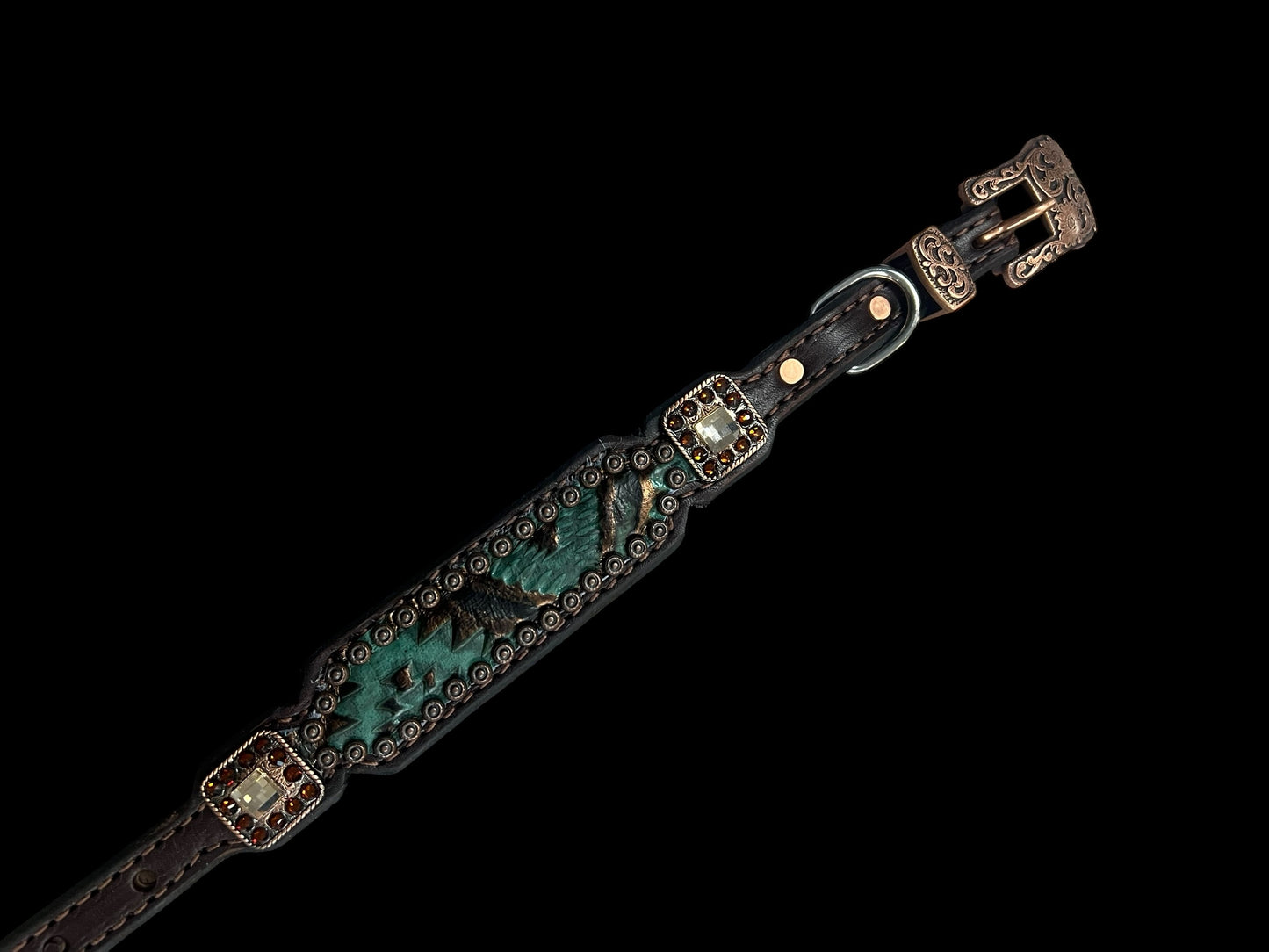 Teal and brown aztec on dark leather