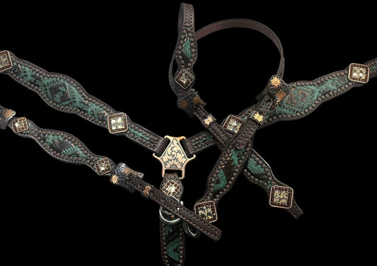 Teal and brown aztec on dark leather