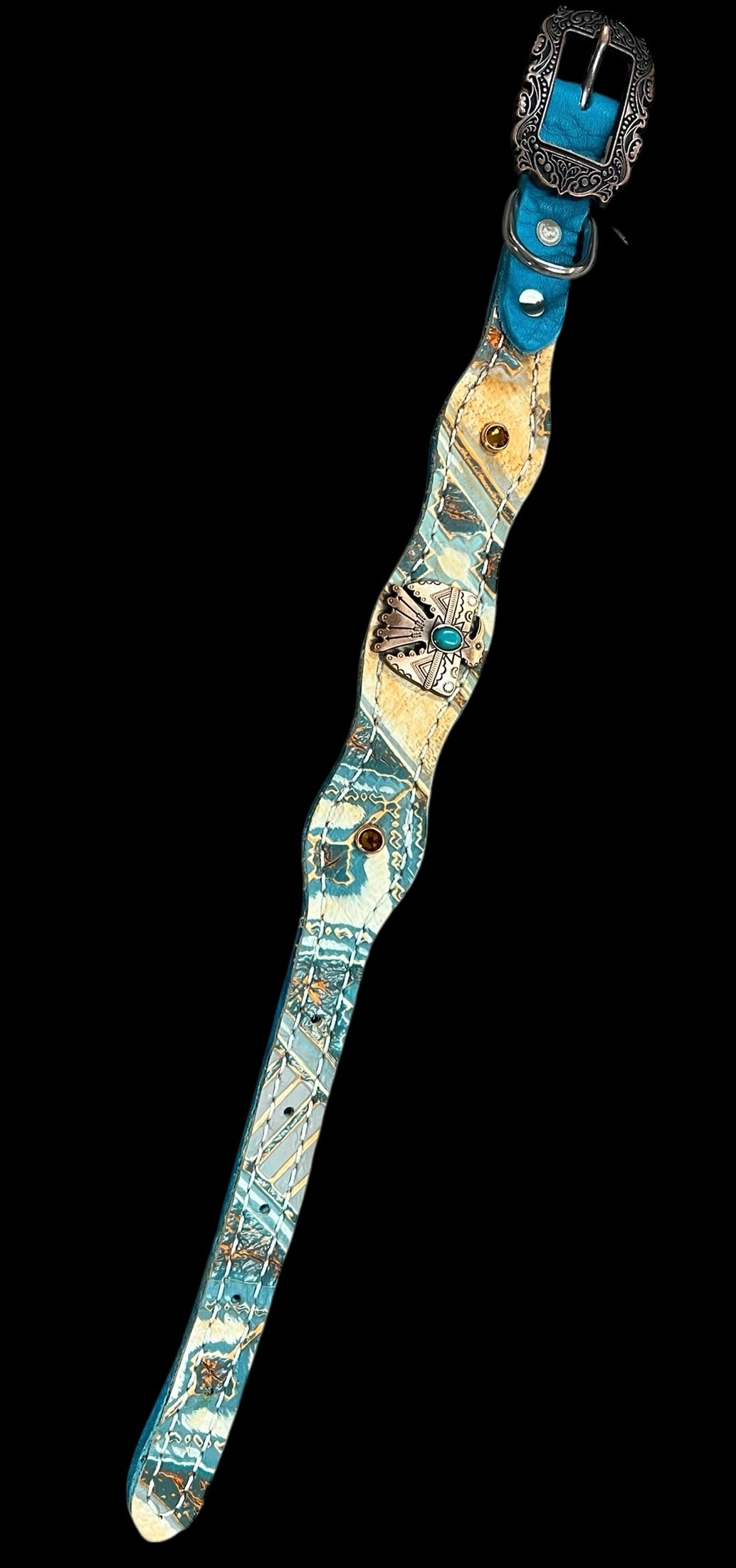 Orange and turquoise navajo on dark leather