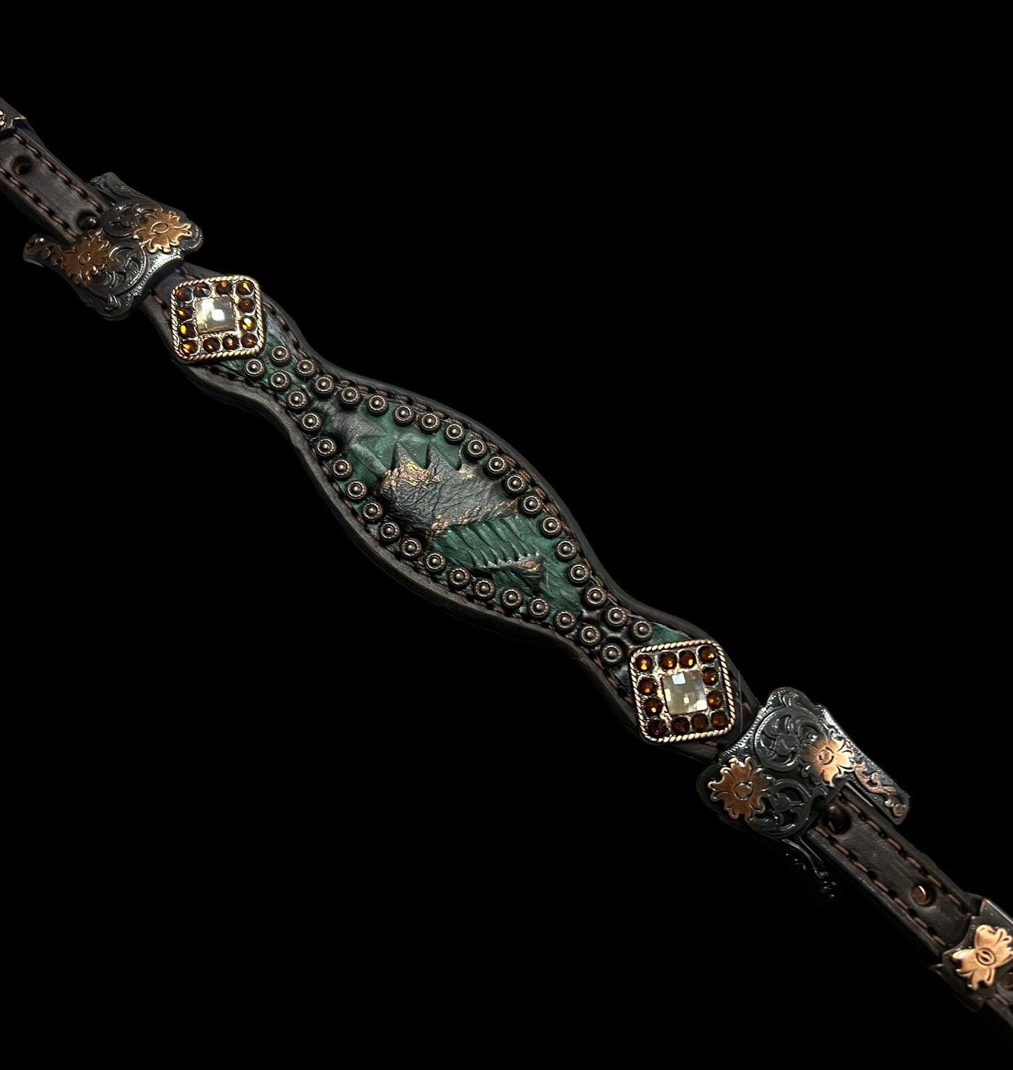 Teal and brown aztec on dark leather