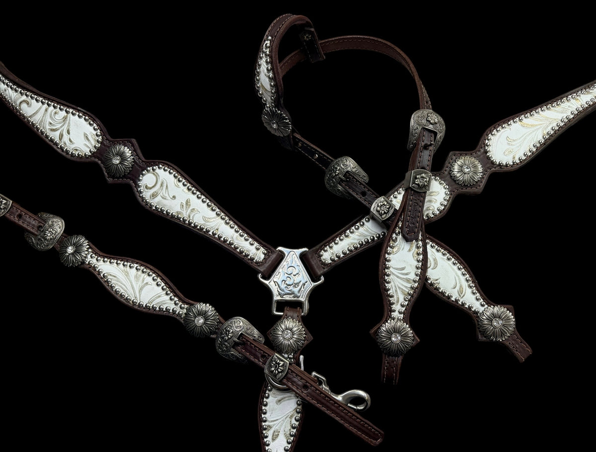 White and silver floral on dark leather