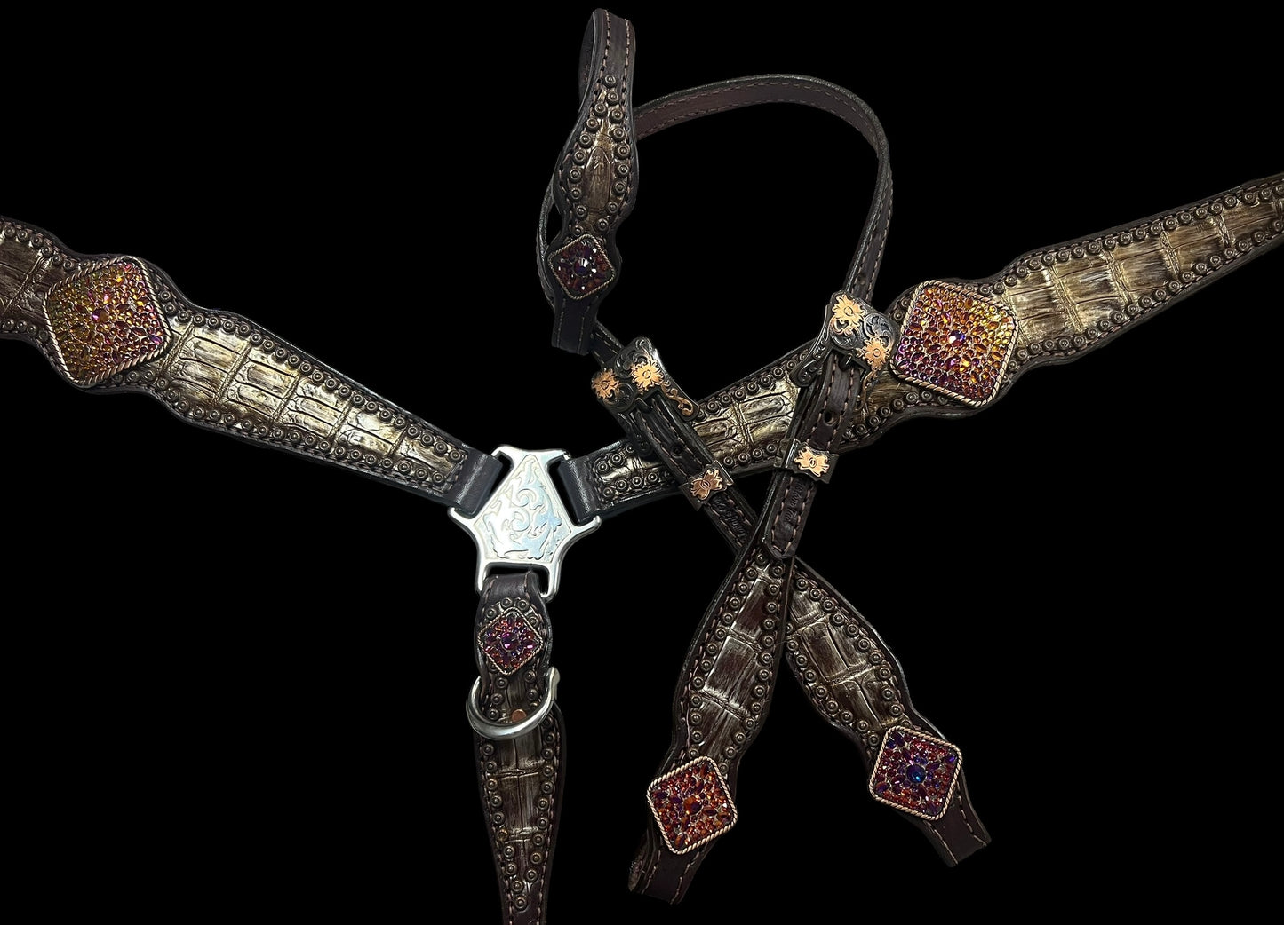 Genuine "oil slick" alligator on walnut leather