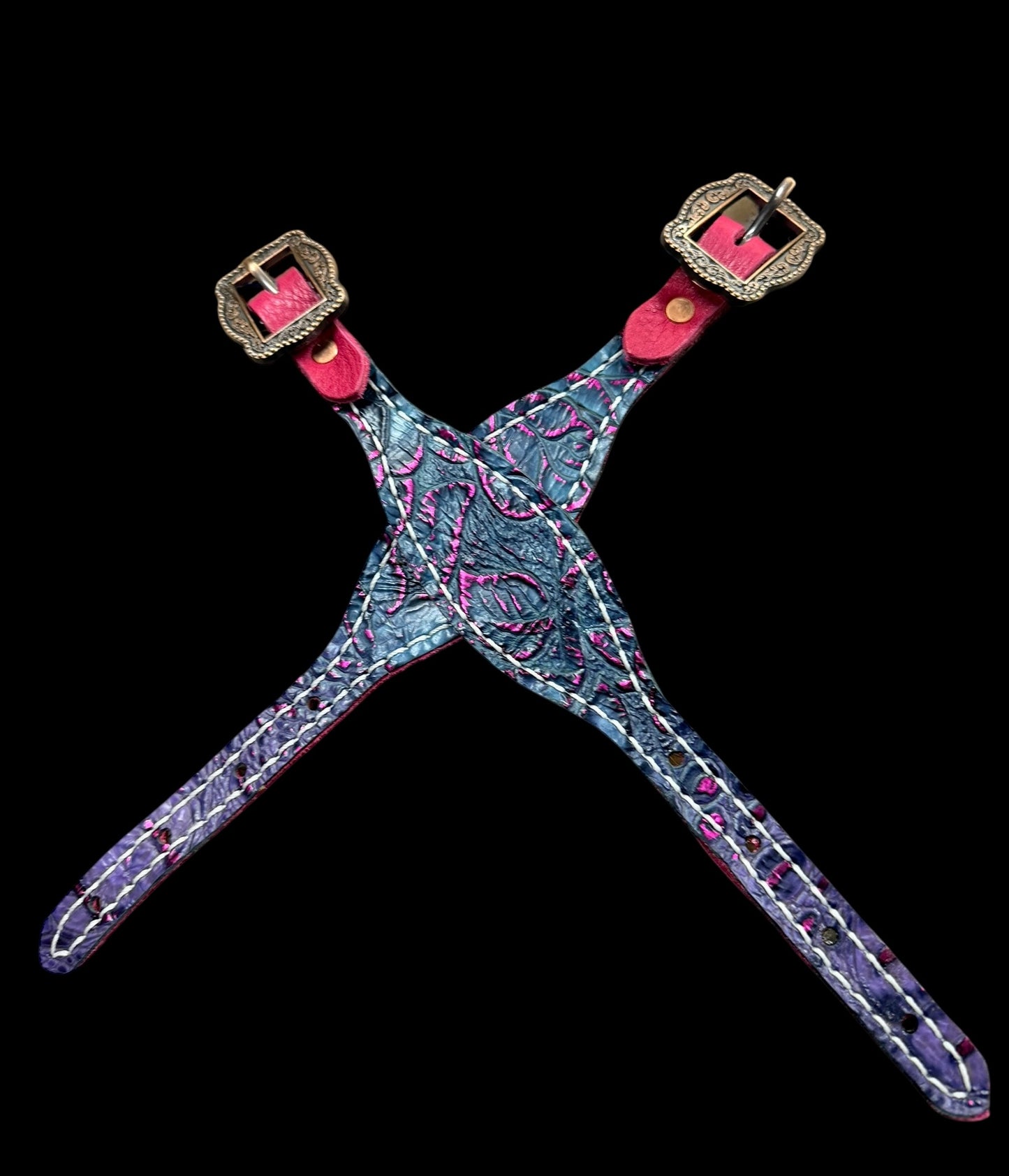 Purple and teal with pink gator and floral on dark leather