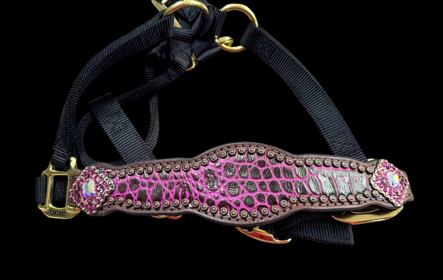Fuchsia  gator on dark leather
