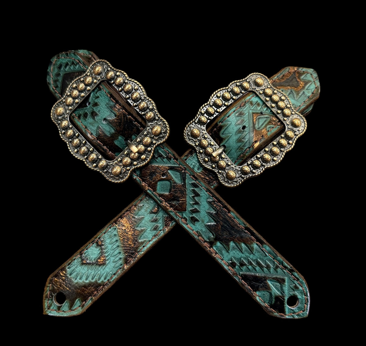 Teal and brown aztec on dark leather