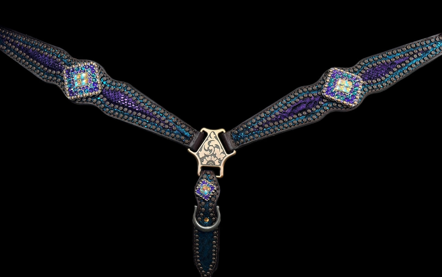 Teal and purple mystic on dark leather
