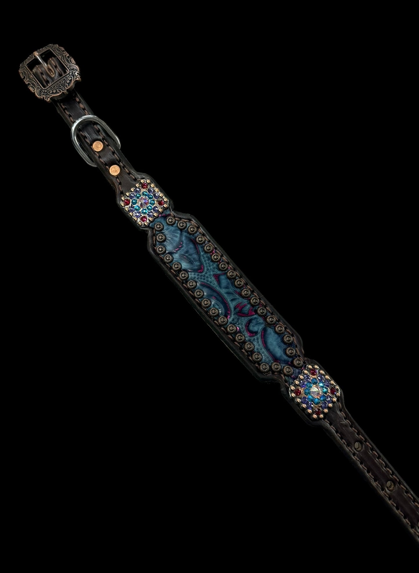 Purple and teal with pink gator and floral on dark leather