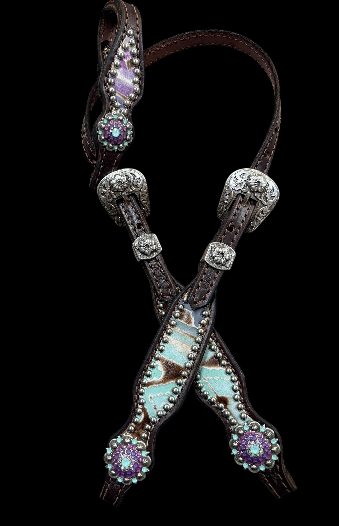 Mint and purple Navajo on dark leather