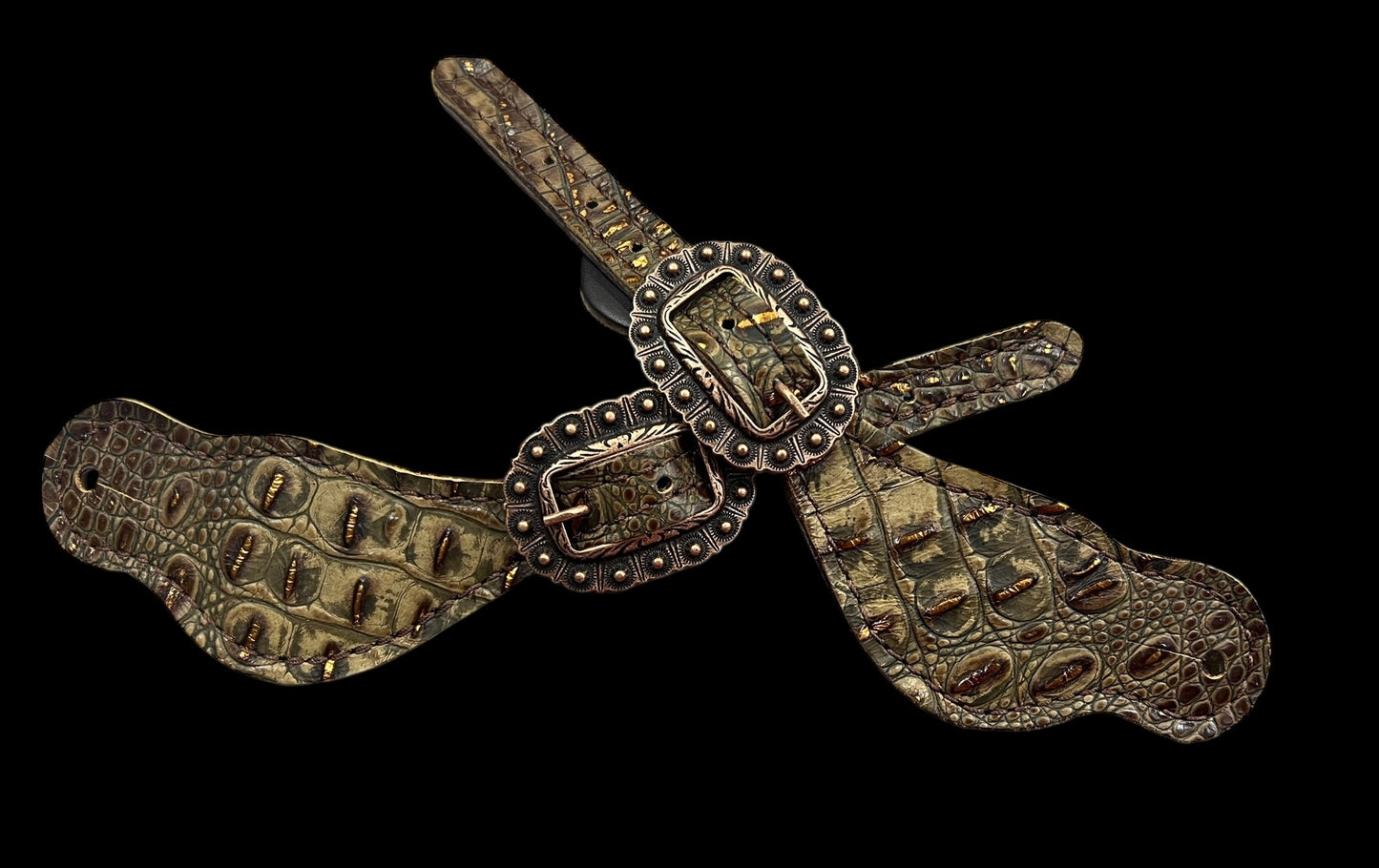 Copper gator on dark leather
